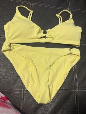 Yellow Ring Detail Ribbed Bikini Set - Women Swim